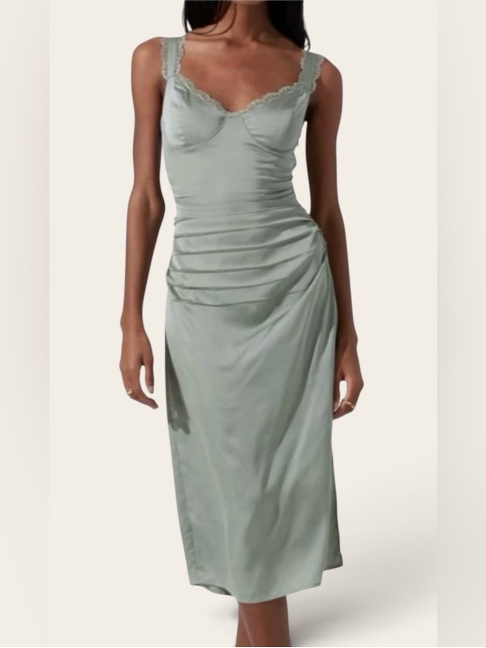 Astr Lace-Trim Satin Ruched Midi Dress in Sage Green - Picture 4 of 9